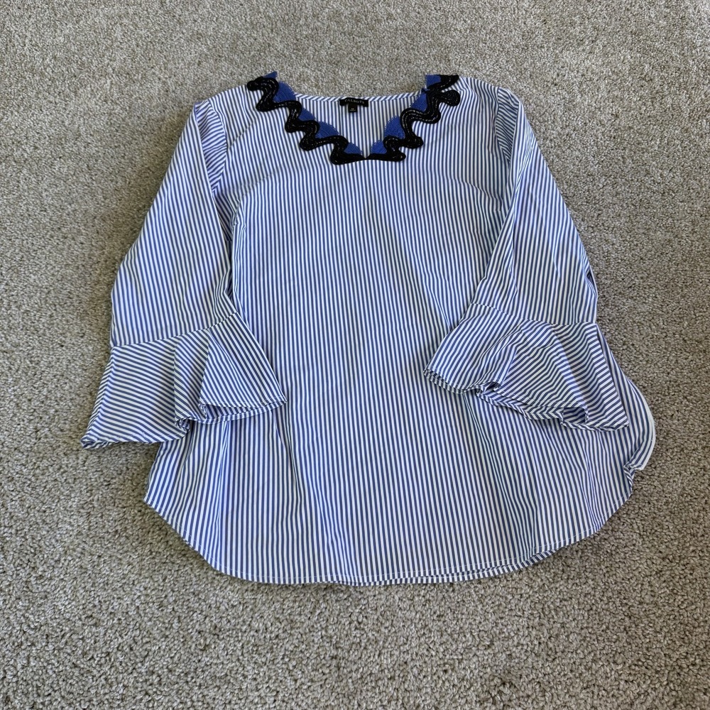 Talbots Blouse Womens M Blue Striped Embroidered V Neck 3/4 Bell Sleeve Tunic